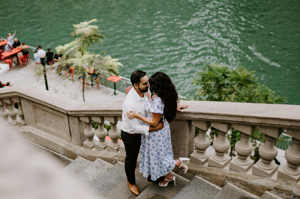 couple in Chicago riverwalk for photos chicago engagement session