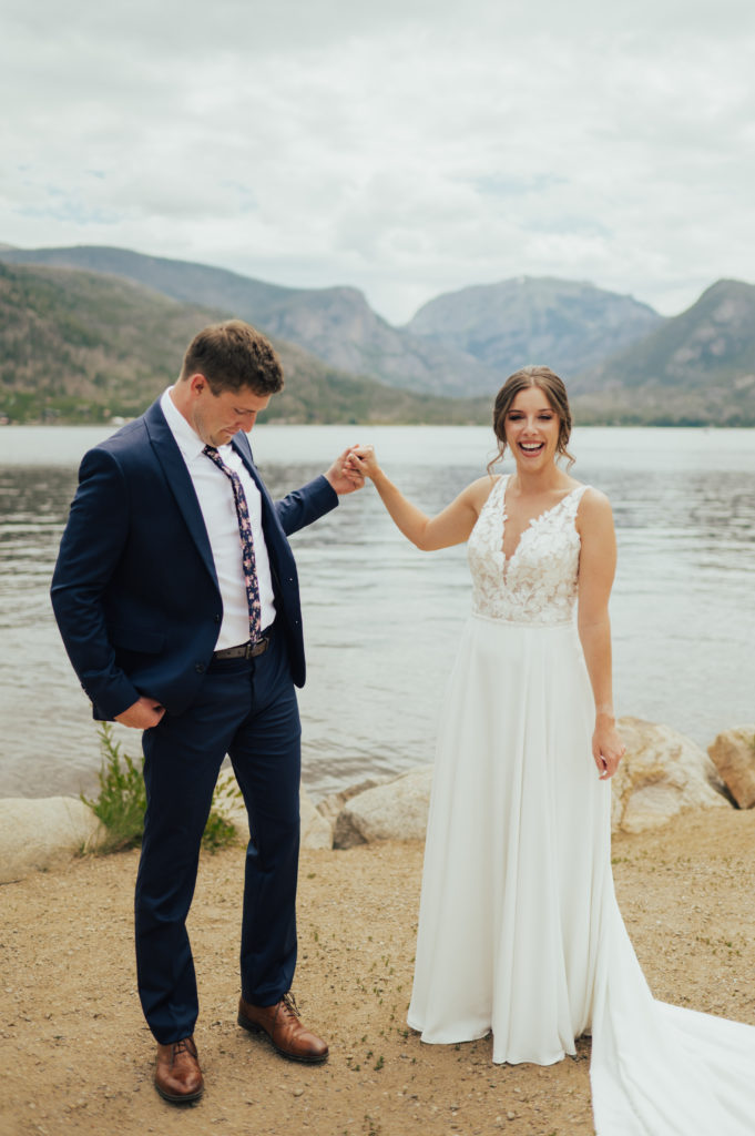 Grand Lake Colorado Wedding First Look in the mountains near Rocky Mountain National Park