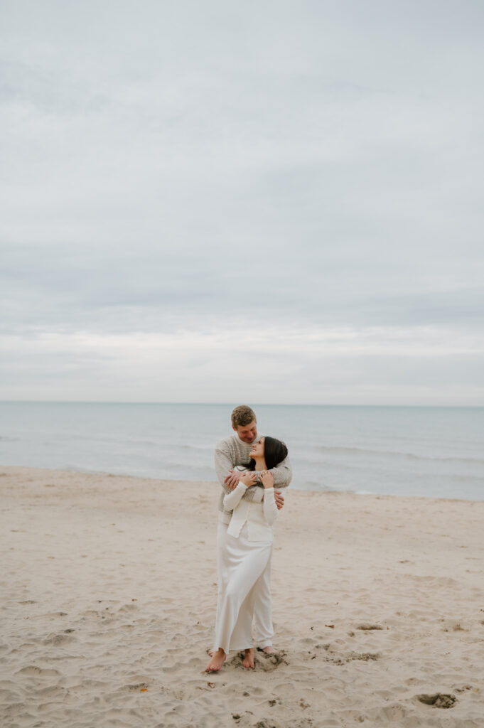 Winter engagement session on lake michigan
