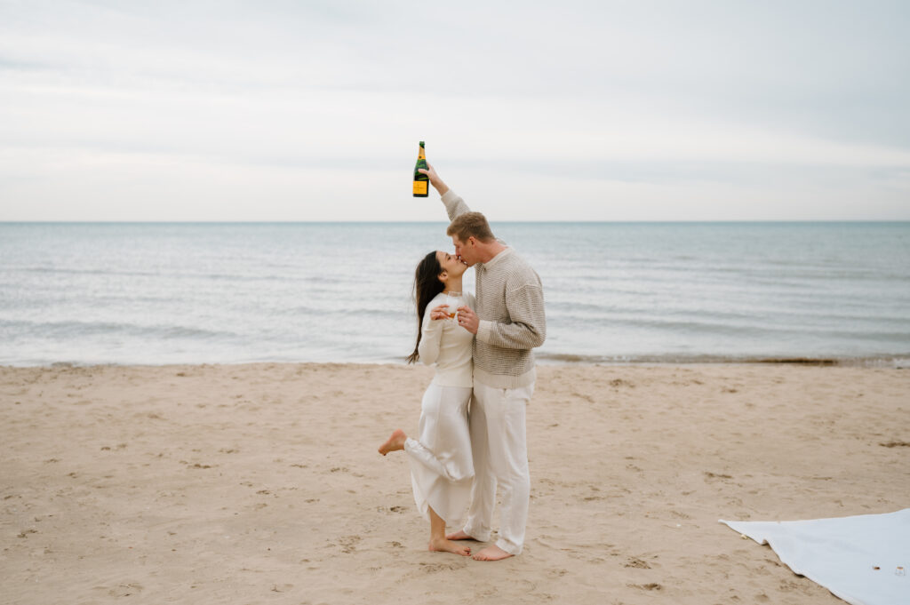 Film photography chicago wedding and engagement photographer. Couples photos on Evanston beach