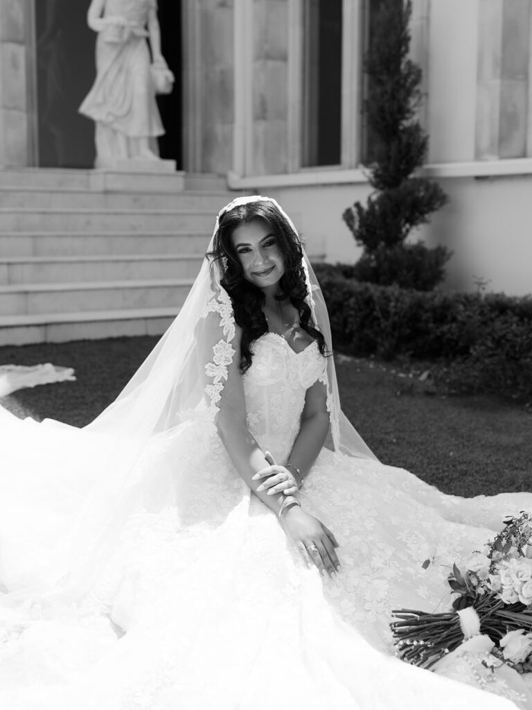 bride in dress at chateau Nouvelle in houston